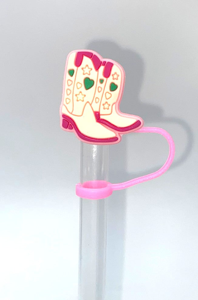 Pink Cowboy Boots w/Stars & Hearts Straw Topper