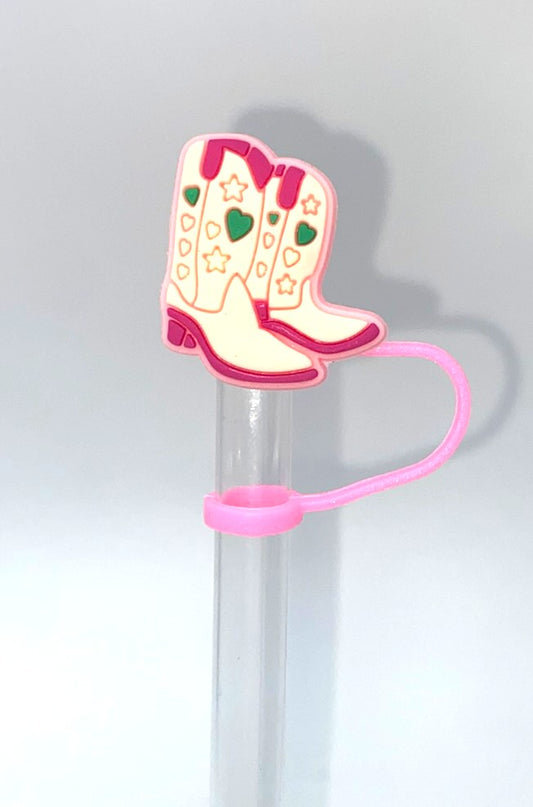 Pink Cowboy Boots w/Stars & Hearts Straw Topper