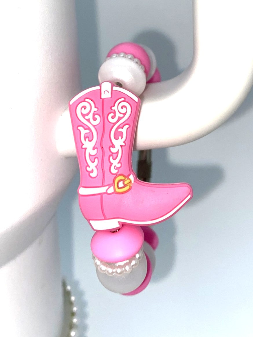 Pink Cowboy Boot w/White Design Stanley Tumbler Cup Handle Charm