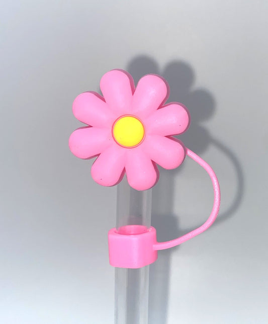 Pink Daisy Flower w/Yellow Center Straw Topper