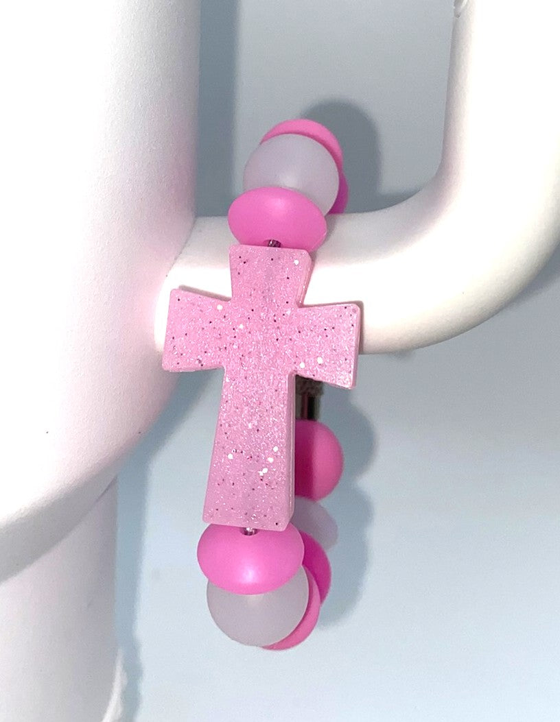 Pink Glitter Cross Stanley Tumbler Cup Handle Charm