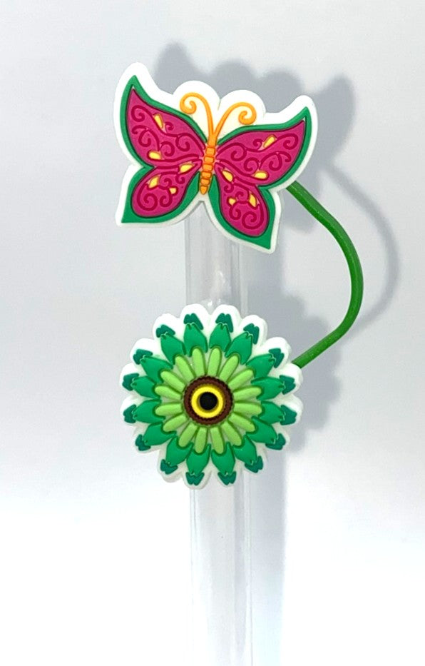 Pink & Green Butterfly and Green Flower Straw Topper
