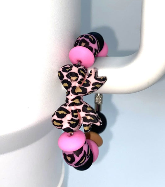 Bright Pink Leopard Print Coquette Bow Stanley Tumbler Cup Handle Charm