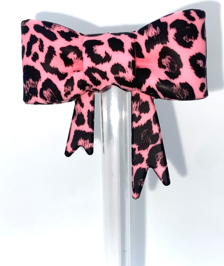 Pink Leopard Print Bow Straw Topper