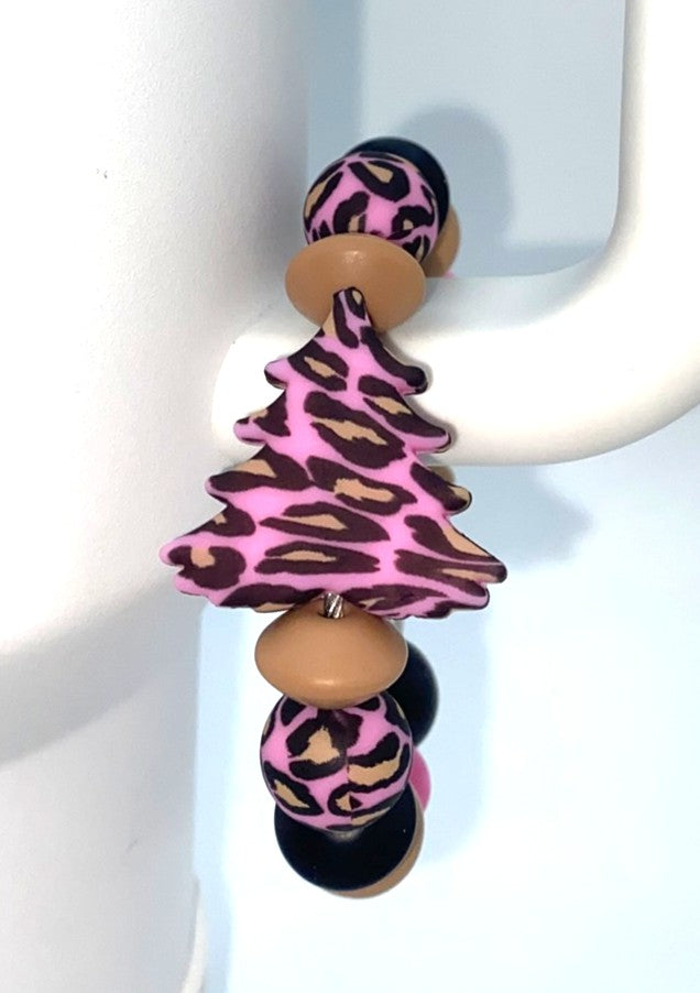 Pink Leopard Print Christmas Tree Stanley Tumbler Cup Handle Charm
