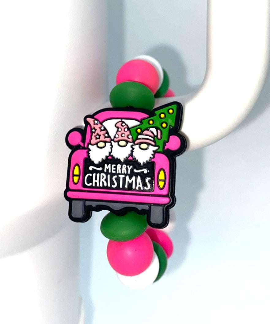 Merry Christmas Gnomes Pink Farm Truck Stanley Tumbler Cup Handle Charm