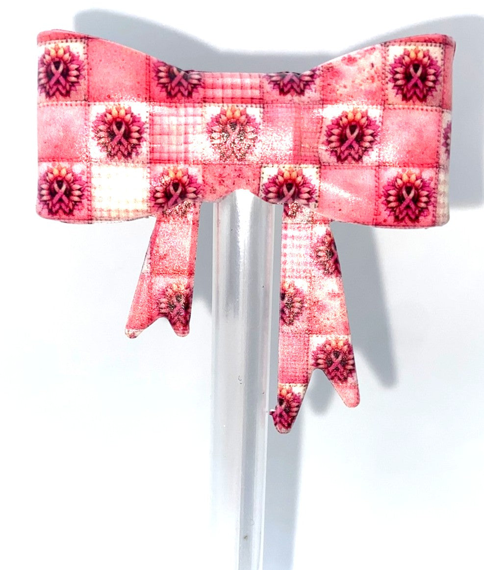 Pink Ribbon Breast Cancer Awareness Bow Straw Topper