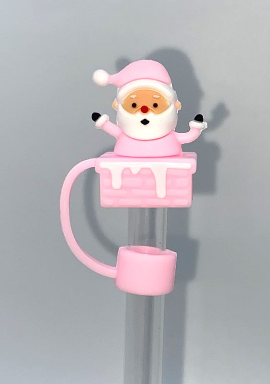Pink Santa In Chimney 3D Straw Topper
