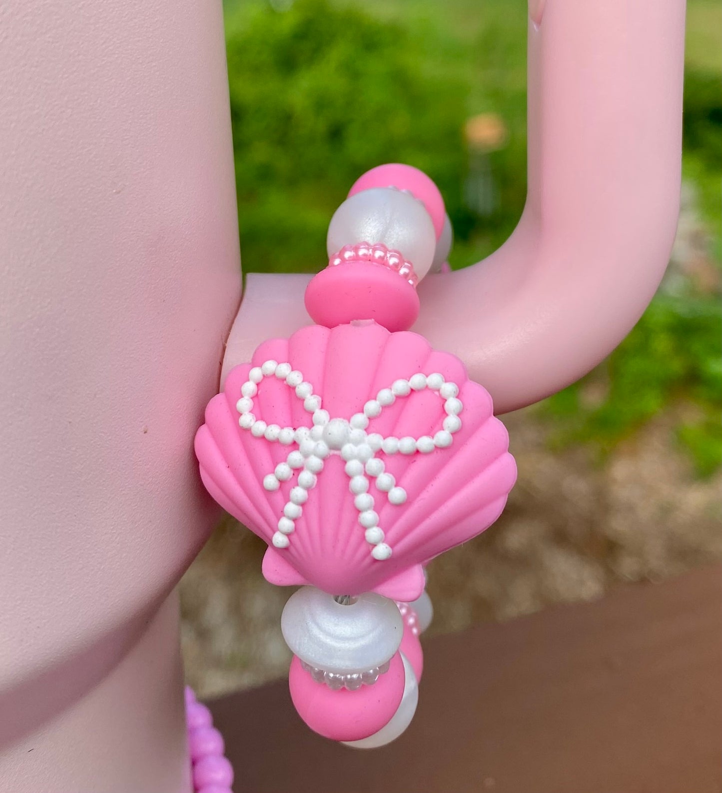 Pink Seashell w/Peal Coquette Bow Stanley Tumbler Cup Handle Charm