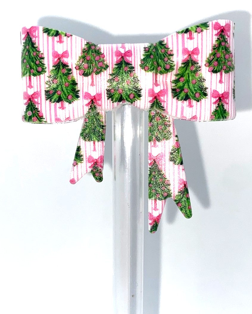 Pink Striped Christmas Tree Bow Straw Topper