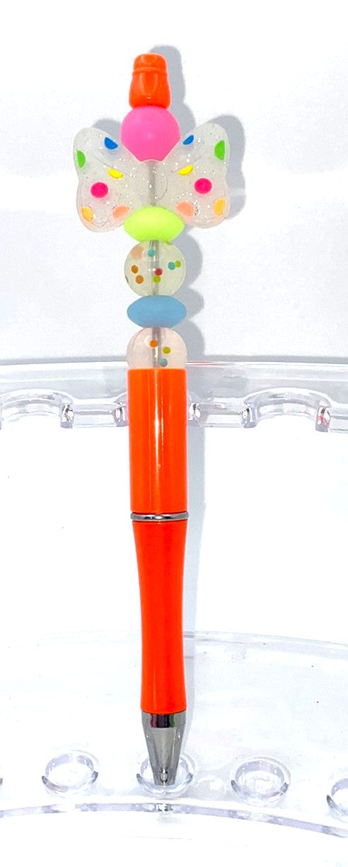 Neon Polka Dot Glitter Bow Beaded Pen