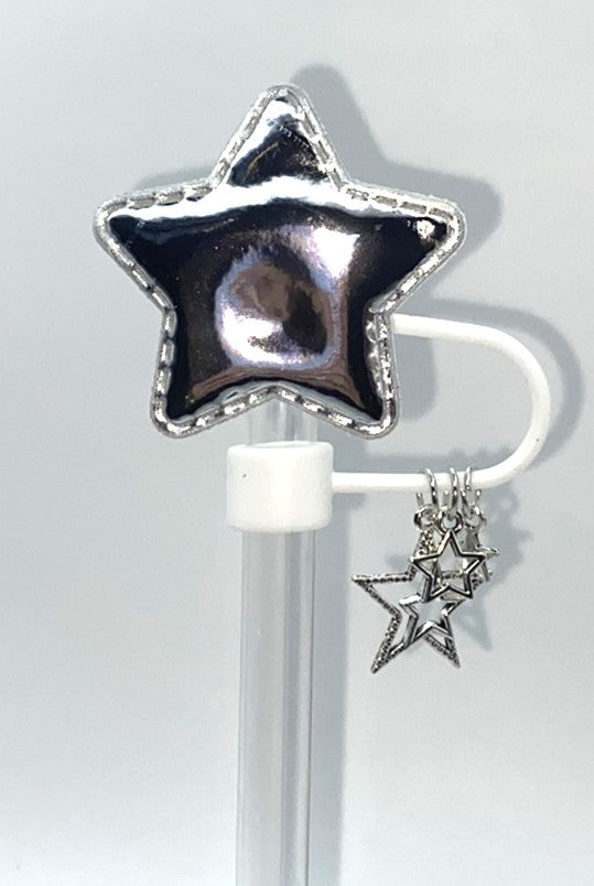 Puffy Silver Star w/Dangles Straw Topper