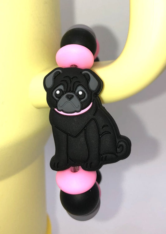 Cute Black Pug Dog w/Pink Collar Stanley Tumbler Cup Handle Charm