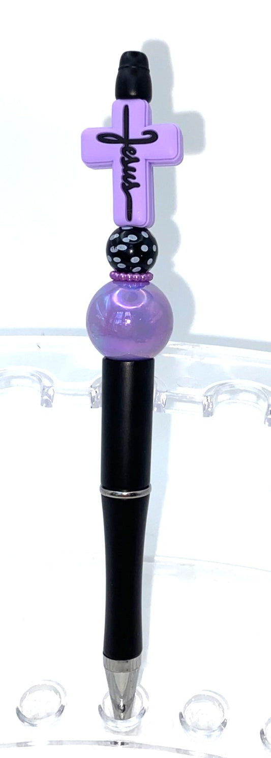 Purple Cross w/Black Jesus Name Beaded Pen