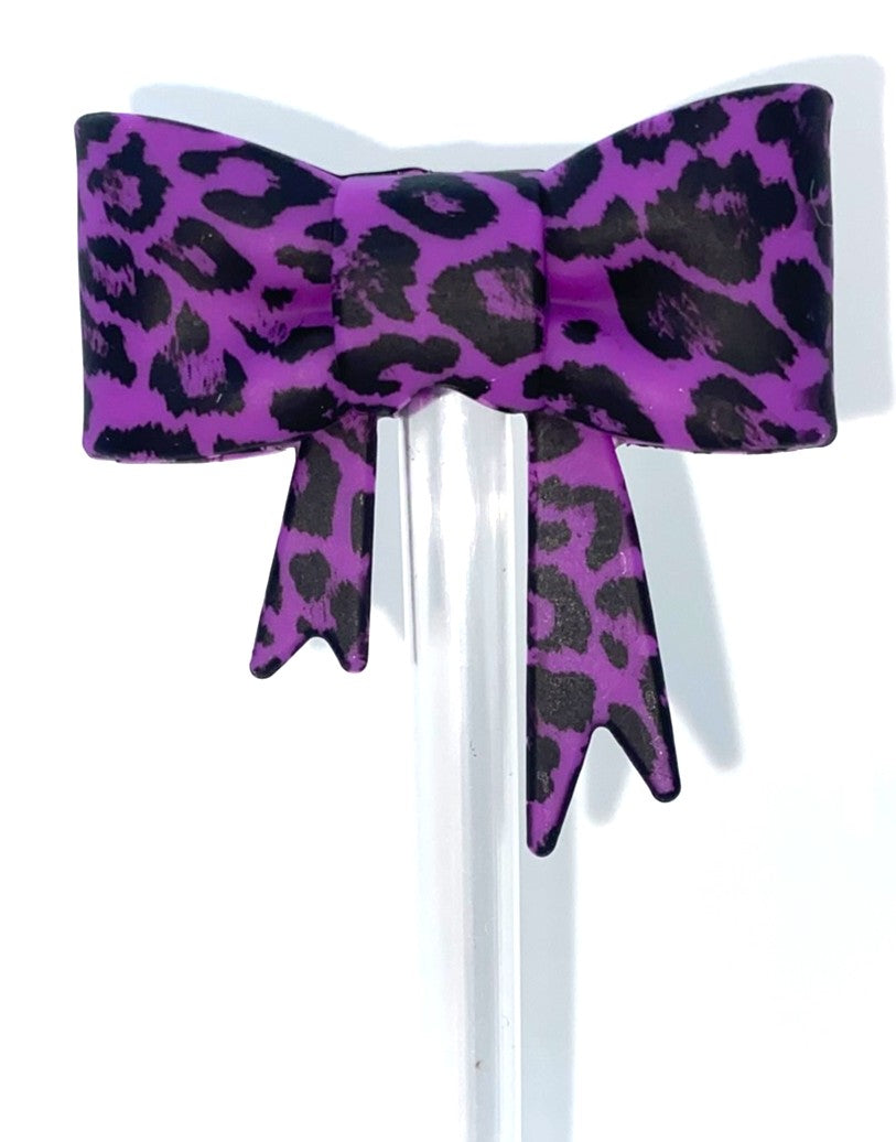Purple Leopard Print Bow Straw Topper