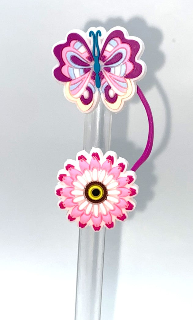 Purple, Blue & Pink Butterfly and Pink Flower Straw Topper