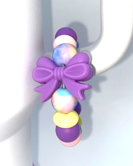 Purple Coquette Bow w/Pastel Tie Dye Beads Stanley Tumbler Cup Handle Charm