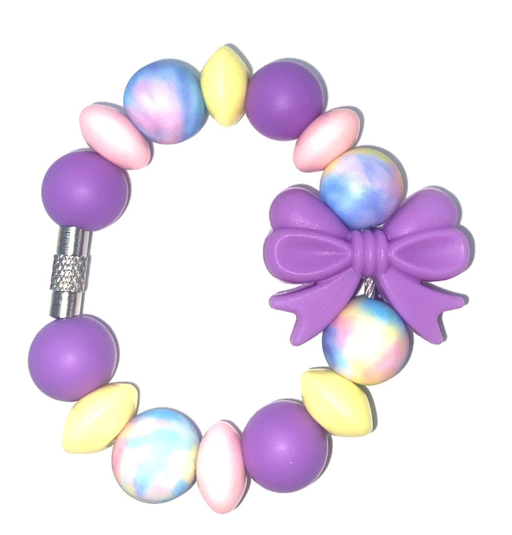 Purple Coquette Bow w/Pastel Tie Dye Beads Stanley Tumbler Cup Handle Charm