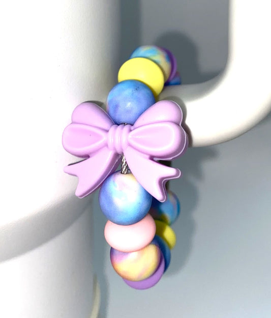 Purple Coquette Bow w/Pastel Tie Dye Beads Stanley Tumbler Cup Handle Charm