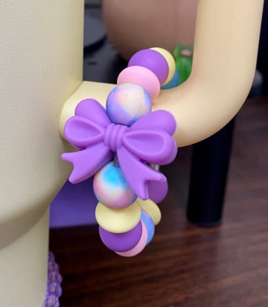 Purple Coquette Bow w/Pastel Tie Dye Beads Stanley Tumbler Cup Handle Charm