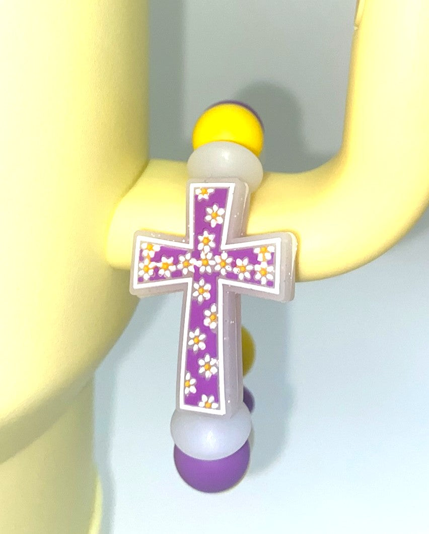 Purple Daisy Glitter Cross Stanley Tumbler Cup Handle Charm
