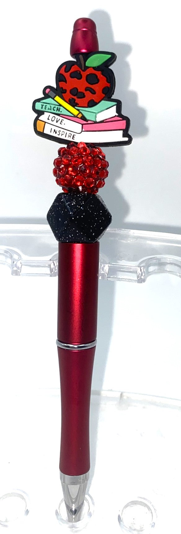 Teach Love Inspire Red Leopard Print Apple on Books Beaded Pen