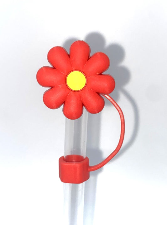 Red Daisy Flower w/Yellow Center Straw Topper