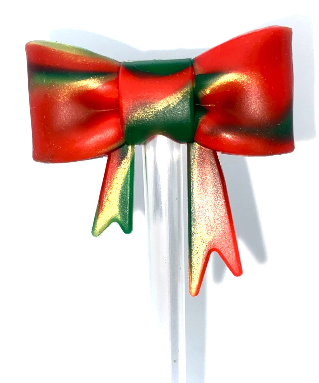Red Green & Gold Christmas Swirl Bow Straw Topper