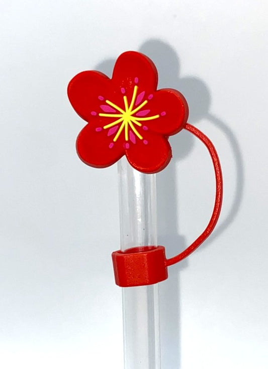 Red w/Yellow& Pink Plumeria Flower 3D Straw Topper