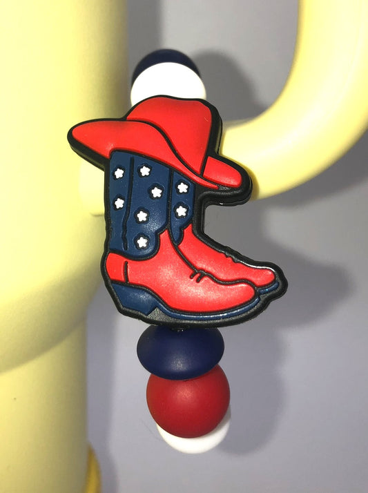 Patriotic Red & Blue Cowboy Boots and Hat Stanley Tumbler Cup Handle Charm