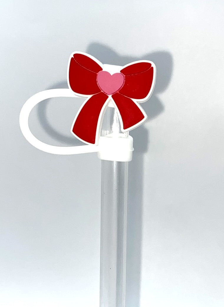 Red Coquette Bow w/ Pink Heart Straw Topper