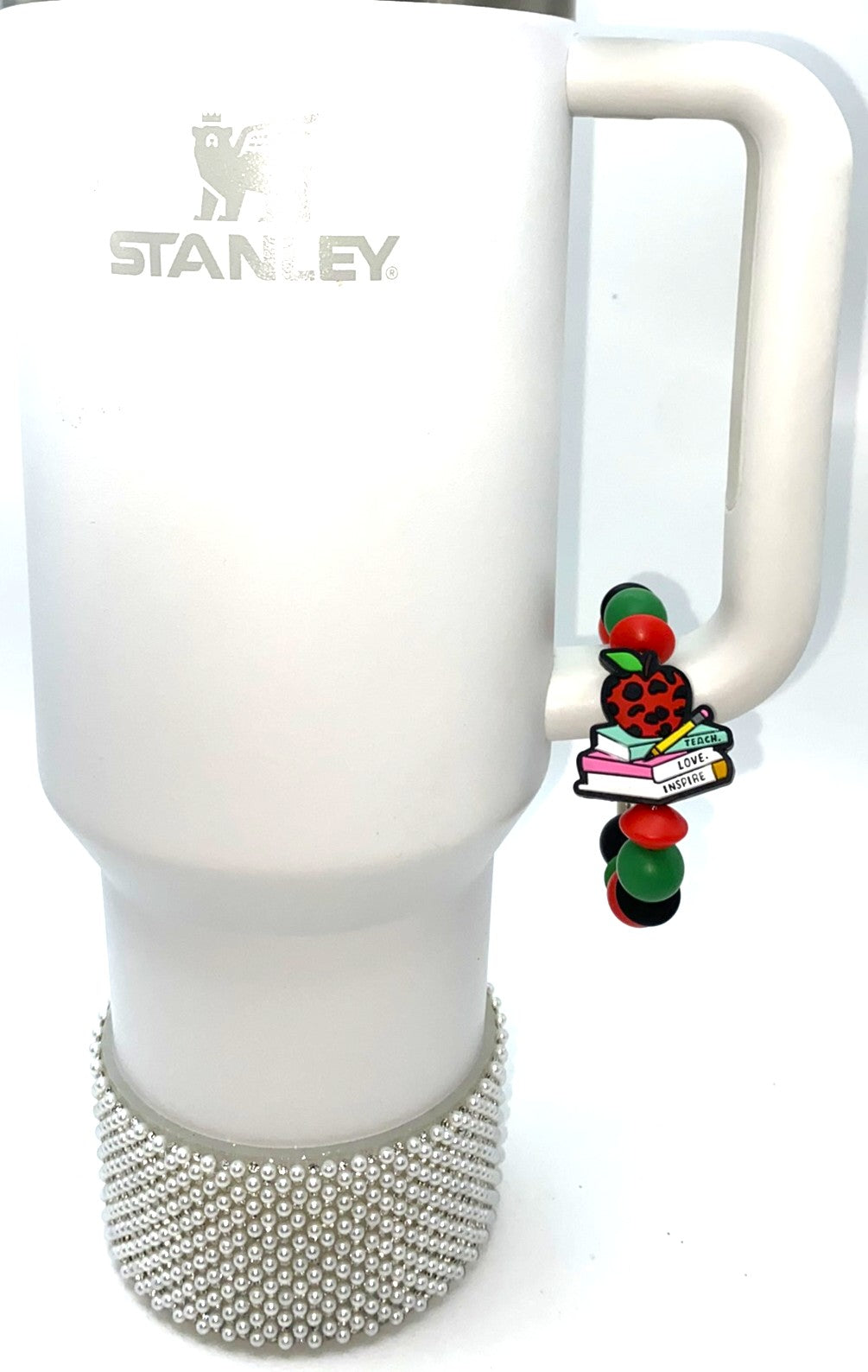 Teach Love Inspire Red Leopard Print Apple on Books Stanley Tumbler Cup Handle Charm