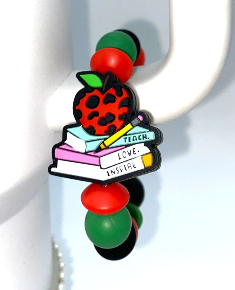 Teach Love Inspire Red Leopard Print Apple on Books Stanley Tumbler Cup Handle Charm