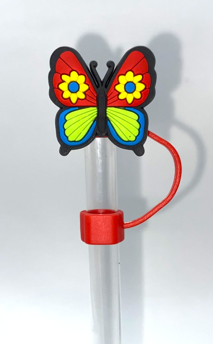 Red, Lime Green & Blue w/Yellow Flowers Butterfly Straw Topper