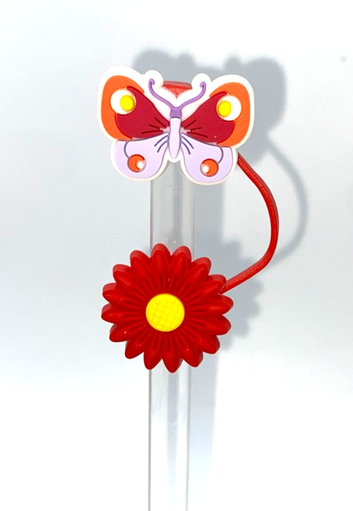 Red, Purple & Orange Butterfly and Red Flower Straw Topper