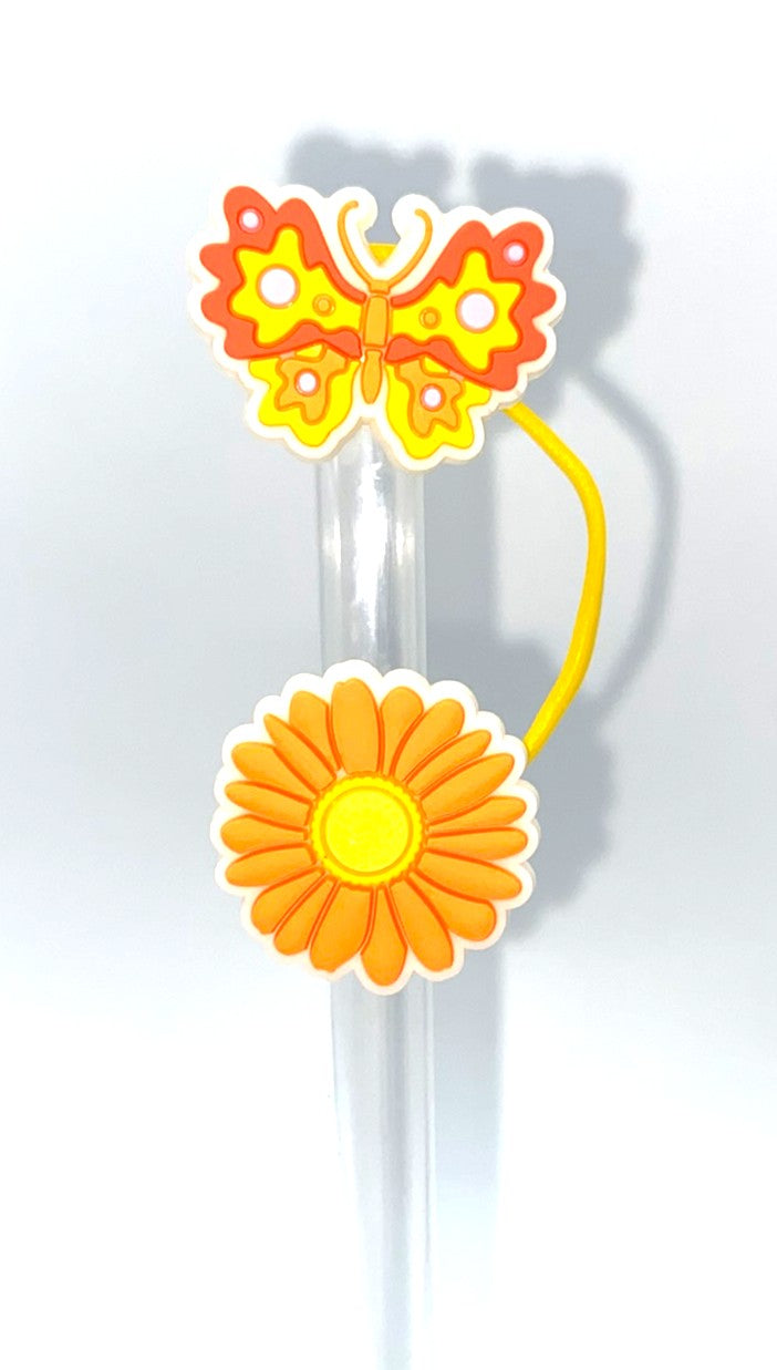 Red, Orange & Yellow Butterfly and Orange Flower Straw Topper
