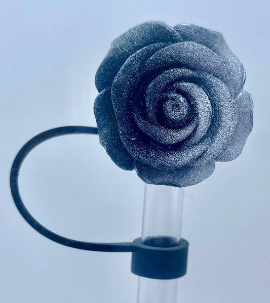 Rose Glitter Ombre Black & Silver Straw Topper