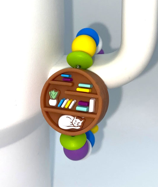 Round Book Shelf w/Cat 3D Stanley Tumbler Cup Handle Charm