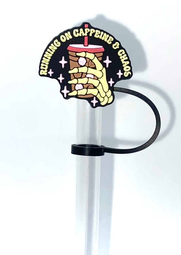 Running on Caffeine & Chaos Iced Coffee Skellie Hand Straw Topper