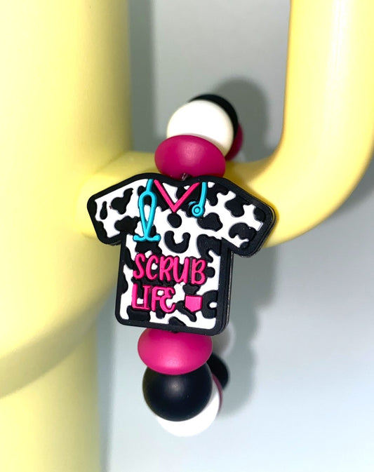 Scrub Life Black & White Cow Print Scrubs Stanley Tumbler Cup Handle Charm