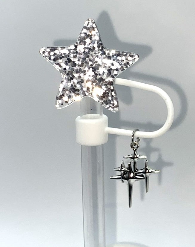Glitter Silver Star w/Dangles Straw Topper