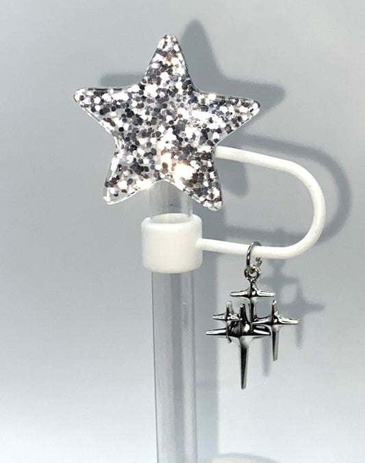 Glitter Silver Star w/Dangles Straw Topper