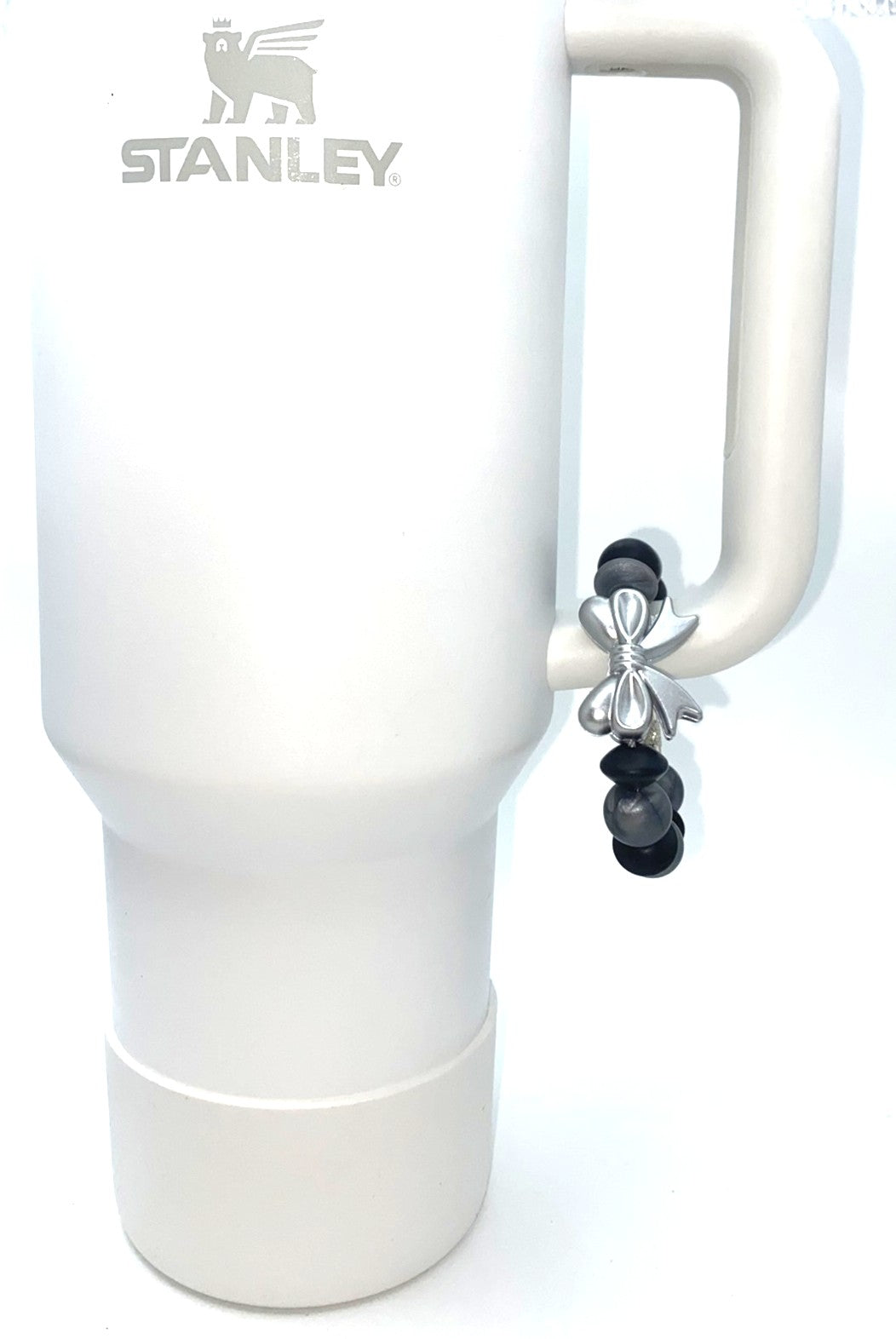 Silver Metallic w/Black Coquette Bow Stanley Tumbler Cup Handle Charm