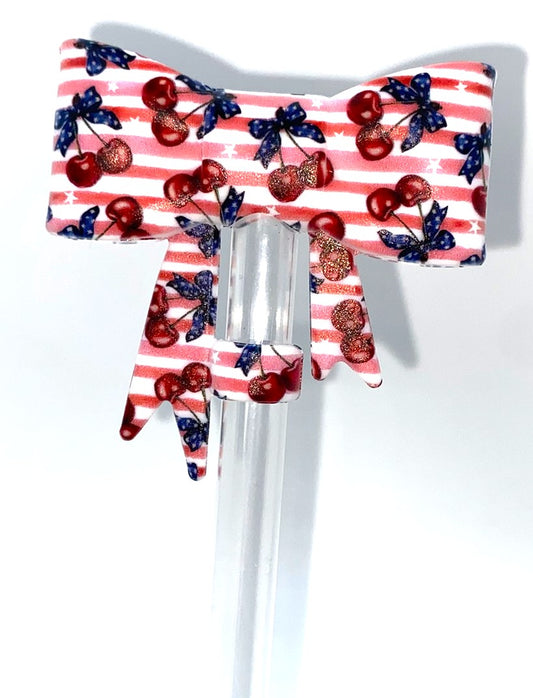 Patriotic Striped Cherries Bow Straw Topper