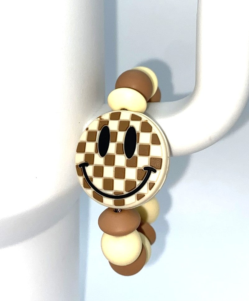 Brown Checkered Smiley Face Stanley Tumbler Cup Handle Charm