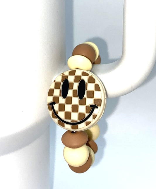 Brown Checkered Smiley Face Stanley Tumbler Cup Handle Charm