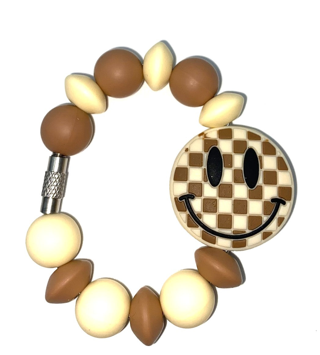 Brown Checkered Smiley Face Stanley Tumbler Cup Handle Charm