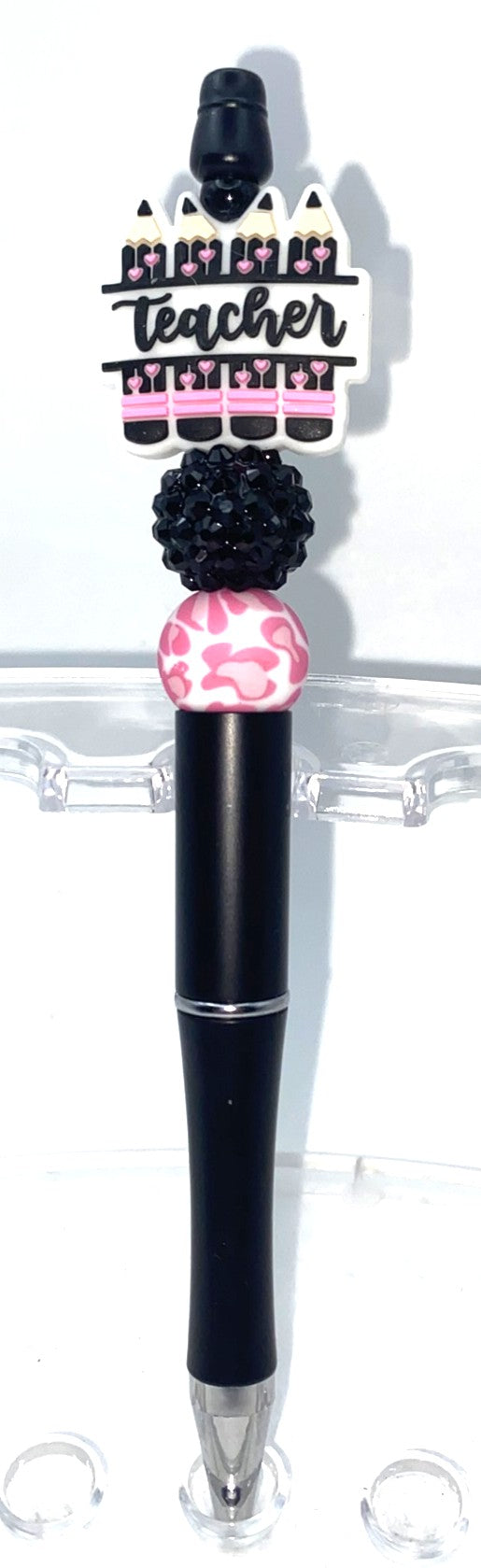 Teacher Pink & Black Pencils Beaded Pen