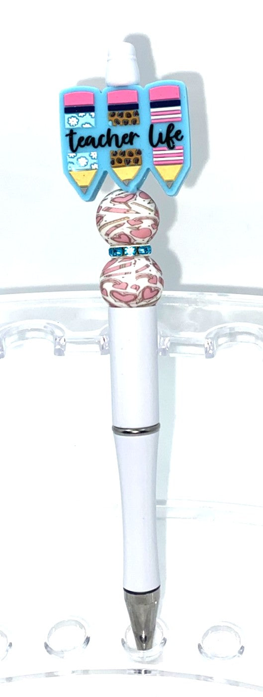 Teacher Life Blue Pencils Beaded Pen