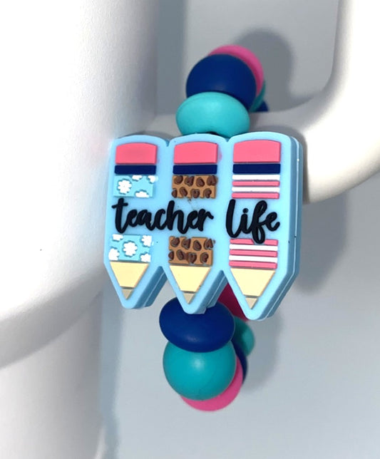 Teacher Life Pencils Blue Stanley Tumbler Cup Handle Charm